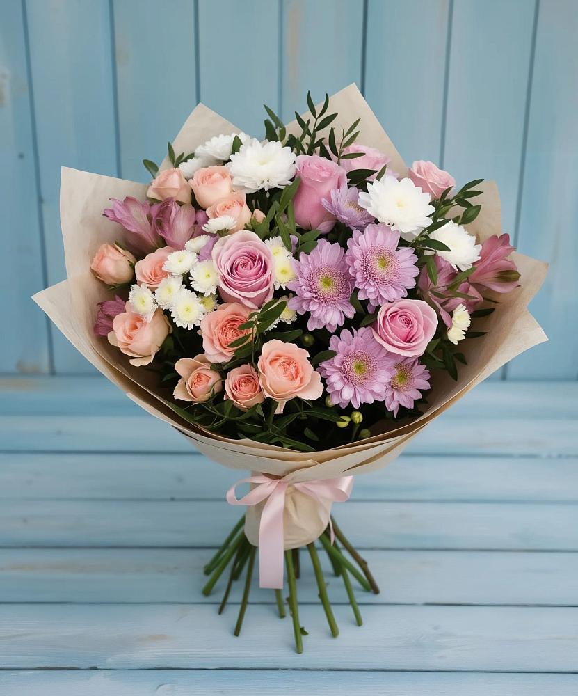 Букет цветов из: Хризантемы, Розы и Альстромерии в Долиновке