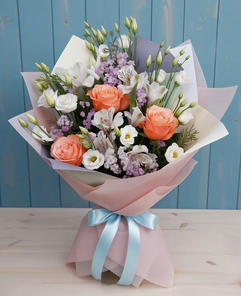 Букет цветов из: Лизиантусы, Розы, Альстромерии и Гипсофила в Долиновке