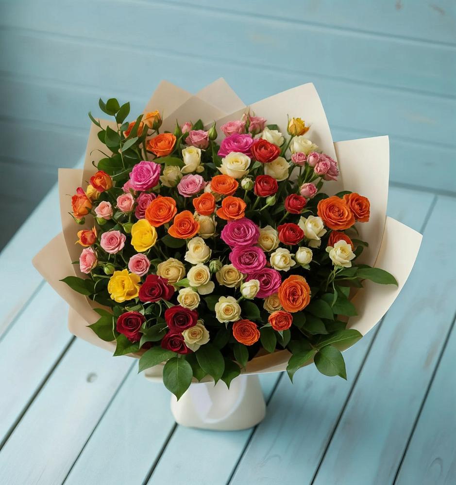 Букет Микс из разноцветных кустовых роз в Долиновке